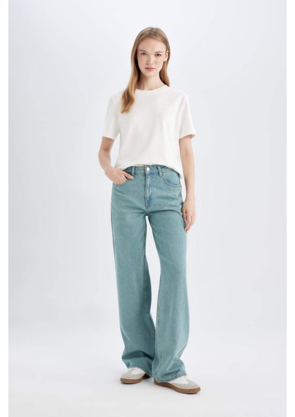 Straight Wide Yüksek Bel Uzun Jean Yıkamalı Pantolon D0848AX24SM