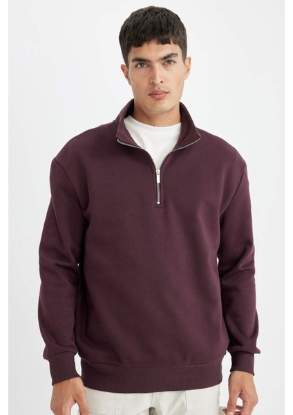 Koyu Bordo Comfort Regular Fit Rahat Kalıp Dik Yaka Fermuarlı Kalın Basic Düz Sweatshirt X7405AZ24AU