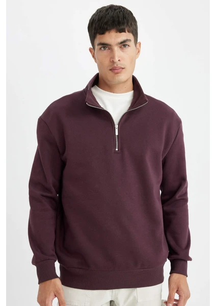 Koyu Bordo Comfort Regular Fit Rahat Kalıp Dik Yaka Fermuarlı Kalın Basic Düz Sweatshirt X7405AZ24AU