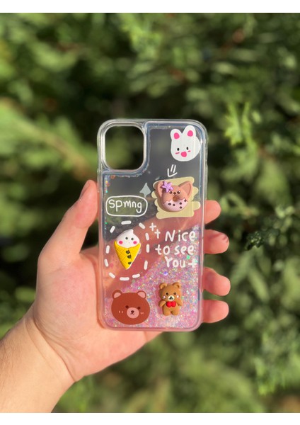 Kabartmalı Yüzen Simli Apple iPhone Kılıf - Cute Series