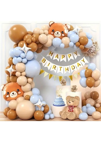 Mavi Somon Kahverengi Tonlarında Happy Birtday Banner Sevimli Ayı Konseptli Doğum Günü Parti Seti