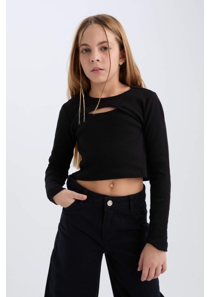 Kız Çocuk Slim Fit Dar Kesim Bisiklet Yaka Fitilli Kaşkorse Uzun Kollu Siyah Tişört D0705A824AU