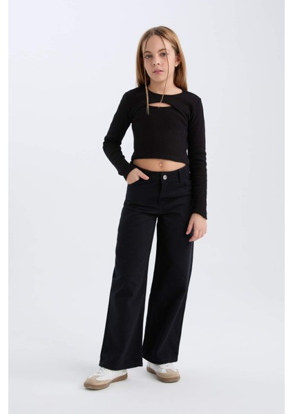 Kız Çocuk Slim Fit Dar Kesim Bisiklet Yaka Fitilli Kaşkorse Uzun Kollu Siyah Tişört D0705A824AU fiyatları