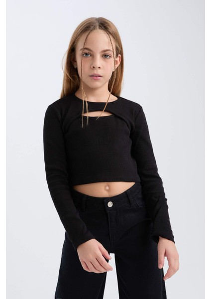 Kız Çocuk Slim Fit Dar Kesim Bisiklet Yaka Fitilli Kaşkorse Uzun Kollu Siyah Tişört D0705A824AU modelleri