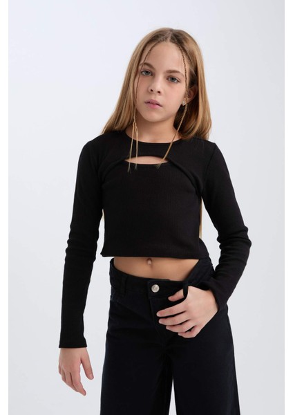 Kız Çocuk Slim Fit Dar Kesim Bisiklet Yaka Fitilli Kaşkorse Uzun Kollu Siyah Tişört D0705A824AU fırsatları