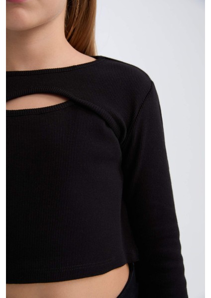 Kız Çocuk Slim Fit Dar Kesim Bisiklet Yaka Fitilli Kaşkorse Uzun Kollu Siyah Tişört D0705A824AU indirimleri