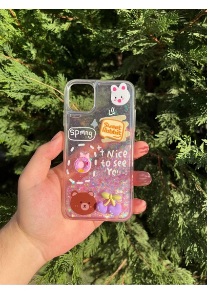 Kabartmalı Yüzen Simli Apple iPhone Kılıf - Cute Series