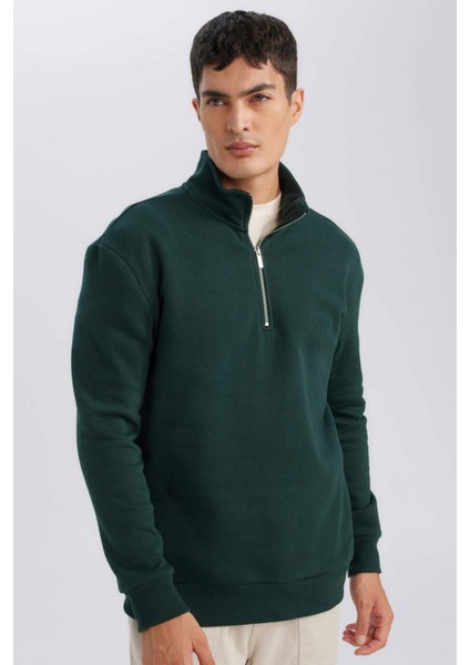 Comfort Regular Fit Rahat Kalıp Dik Yaka Fermuarlı Kalın Basic Düz Sweatshirt X7405AZ24AU