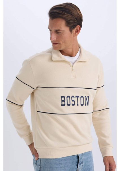 Relax Fit Dik Yaka Fermuarlı Baskılı Kalın Sweatshirt D2166AX24AU