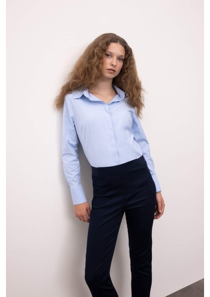 Fitted Basic Düz Düğmeli Bengalin Dokuma Uzun Kollu Gömlek Y4651AZ24AU modelleri