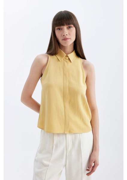 Regular Fit Gömlek Yaka Keten Karışımlı Kolsuz Bluz D2952AX24SM