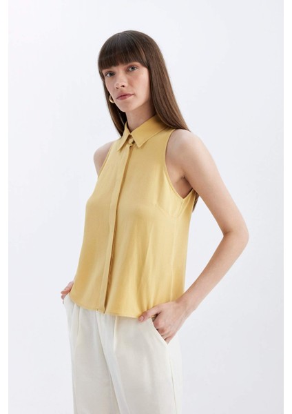 Regular Fit Gömlek Yaka Keten Karışımlı Kolsuz Bluz D2952AX24SM