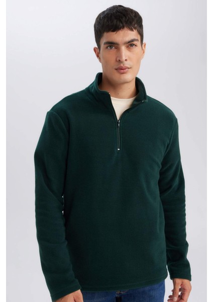 Yeşil Tüylenme Yapmayan Soğuk Geçirmez Regular Fit Dik Yaka Fermuarlı Polar Sweatshirt Y3996AZNS