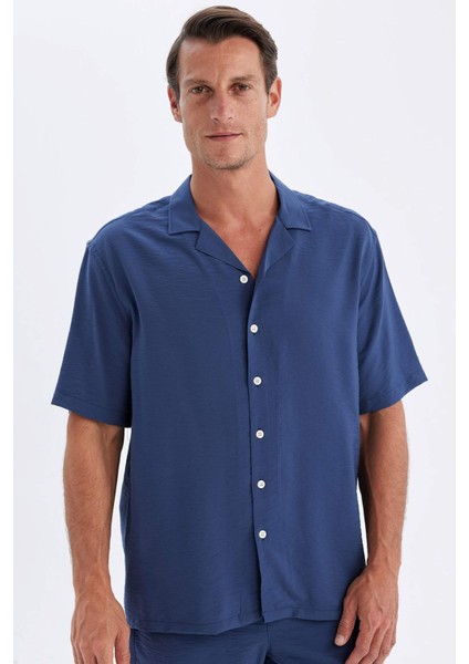 Relax Fit Yazlık Polo Yaka Basic Düz Kısa Kollu Gömlek C8157AX24SM