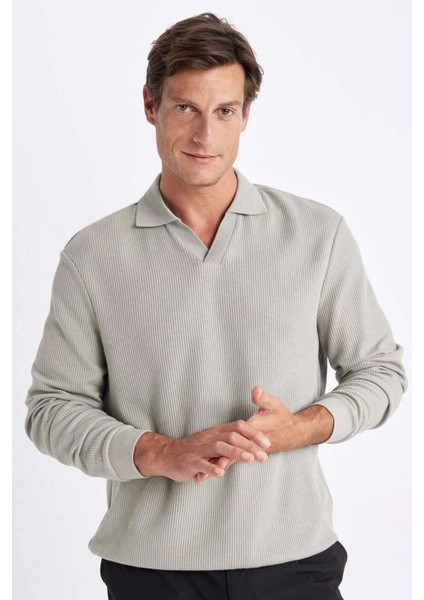 Açık Haki Regular Fit Polo Yaka Jakarlı Triko Sweatshirt A9785AX24AU