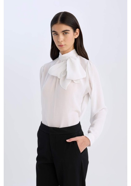 Regular Fit Fiyonk Yaka Basic Düz Saten Uzun Kollu Bluz D3133AX24AU modelleri