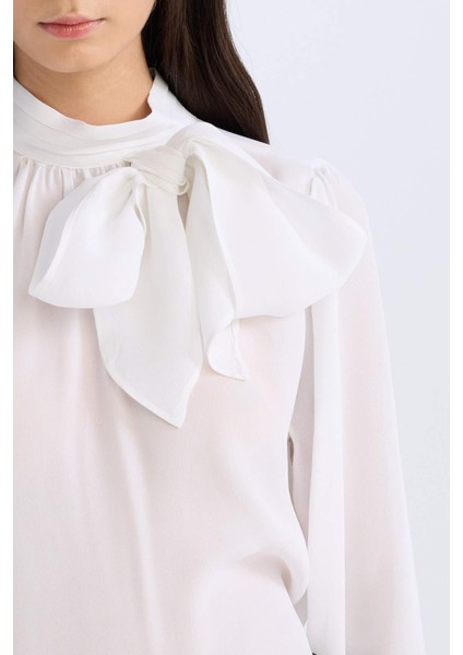 Regular Fit Fiyonk Yaka Basic Düz Saten Uzun Kollu Bluz D3133AX24AU indirimleri