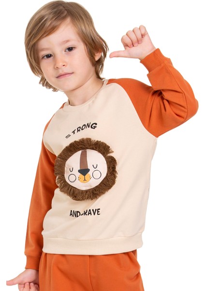 Aslan Figürlü Yazı Baskılı Kiremit Renk Erkek Çocuk Ikili Takım