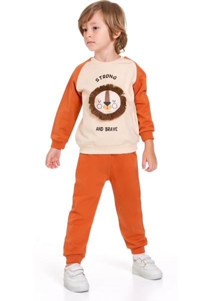 Aslan Figürlü Yazı Baskılı Kiremit Renk Erkek Çocuk Ikili Takım indirimleri
