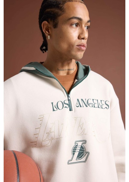 Fit NBA Los Angeles Lakers Boxy Fit Kapüşonlu Fermuarlı Kalın Sweatshirt A7227AX24WN