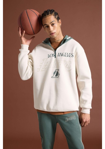 Fit NBA Los Angeles Lakers Boxy Fit Kapüşonlu Fermuarlı Kalın Sweatshirt A7227AX24WN