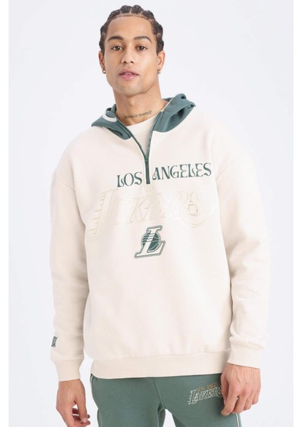 Fit NBA Los Angeles Lakers Boxy Fit Kapüşonlu Fermuarlı Kalın Sweatshirt A7227AX24WN