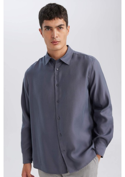 Relax Fit Polo Yaka Twill Modal Karışımlı Basic Düz Uzun Kollu Gömlek D3376AX24AU