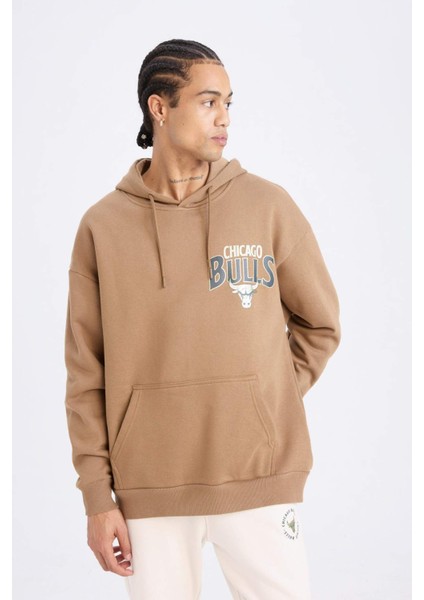 DeFactoFit NBA Chicago Bulls Oversize Geniş Kalıp Kapüşonlu Kalın Sweatshirt D3243AX24WN