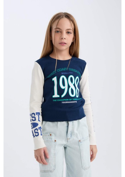 Kız Çocuk Cropped Fit Bisiklet Yaka Baskılı Fitilli Kaşkorse Uzun Kollu Tişört D3433A824WN