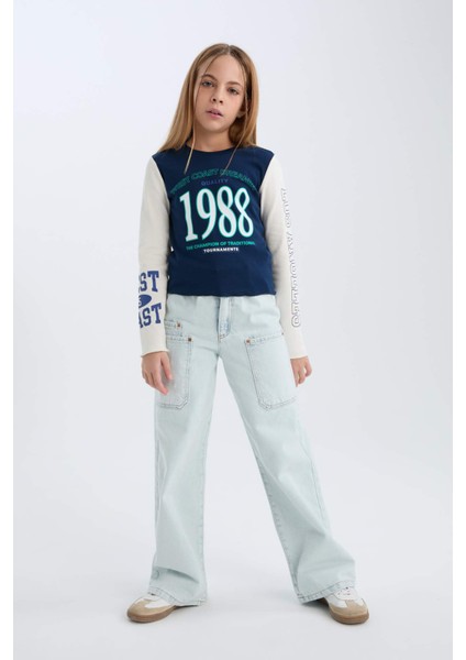 Kız Çocuk Cropped Fit Bisiklet Yaka Baskılı Fitilli Kaşkorse Uzun Kollu Tişört D3433A824WN fiyatları