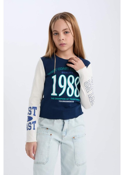 Kız Çocuk Cropped Fit Bisiklet Yaka Baskılı Fitilli Kaşkorse Uzun Kollu Tişört D3433A824WN modelleri