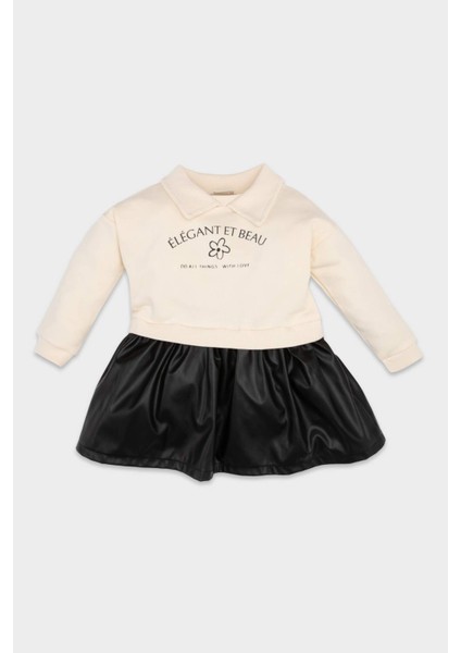 Kız Bebek Bisiklet Yaka Çiçek Baskılı Suni Deri Etekli Uzun Kollu Sweatshirt Elbise D3822A524AU