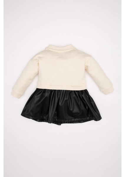 Kız Bebek Bisiklet Yaka Çiçek Baskılı Suni Deri Etekli Uzun Kollu Sweatshirt Elbise D3822A524AU indirimleri