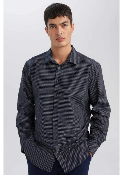 Modern Fit Poplin Desenli Pamuk Karışımlı Uzun Kollu Gömlek D3377AX24AU