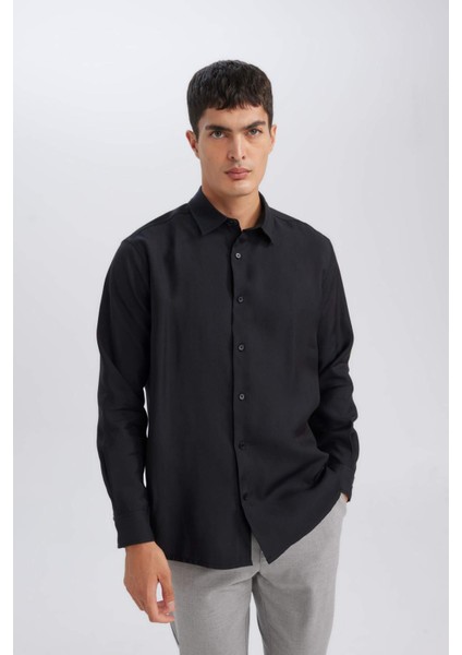 Siyah Relax Fit Polo Yaka Twill Modal Karışımlı Basic Düz Uzun Kollu Gömlek D3376AX24AU