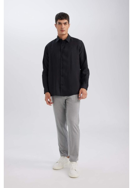 Siyah Relax Fit Polo Yaka Twill Modal Karışımlı Basic Düz Uzun Kollu Gömlek D3376AX24AU