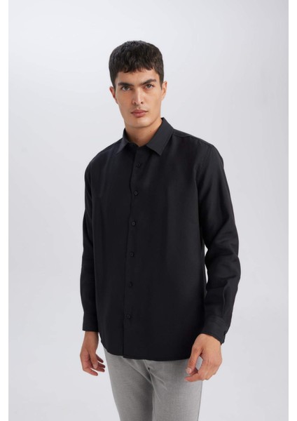 Siyah Relax Fit Polo Yaka Twill Modal Karışımlı Basic Düz Uzun Kollu Gömlek D3376AX24AU