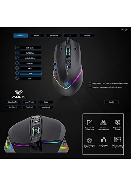F805 6400DPI Rgb 7 Tuşlu Makro Optik Oyuncu Mouse, Siyah