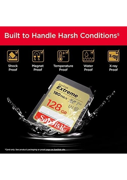 Extreme Sdxc Uhs-I Hafıza Kartı 128 GB (V30, 180 Mb/s Aktarım, U3, 4K UHD Videolar, Sandisk Quickflow Teknolojisi, Su Geçirmez, Darbeye Dayanıklı, Isıya Dayanıklı)