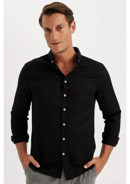 Slim Fit Dar Kesim Düğmeli Dokulu Düz Pamuk Karışımlı Uzun Kollu Siyah Gömlek T2066AZ24AU
