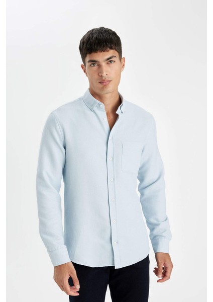 Slim Fit Dar Kesim Düğmeli Dokulu Düz Pamuk Karışımlı Uzun Kollu Gömlek T2066AZ24AU indirimleri