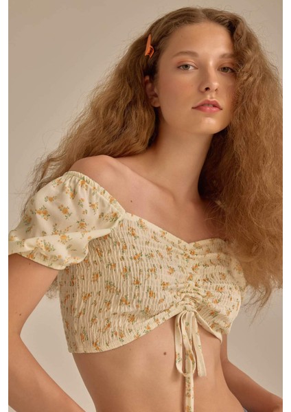 Fitted Crop Desenli Maroken Kısa Kollu Bluz D3520AX24HS