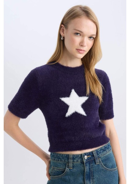 Coool Fitted Bisiklet Yaka Yıldız Baskılı Kısa Kollu Pelüş Triko Kazak C9158AX24WN