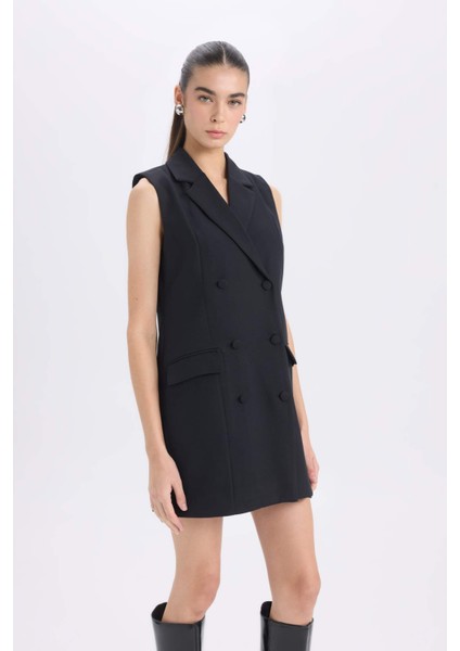 A Kesim Kruvaze Yaka Düğmeli Basic Düz Kolsuz Midi Siyah Blazer Elbise D4186AX24AU