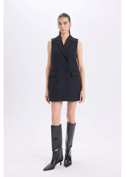 A Kesim Kruvaze Yaka Düğmeli Basic Düz Kolsuz Midi Siyah Blazer Elbise D4186AX24AU fiyatları