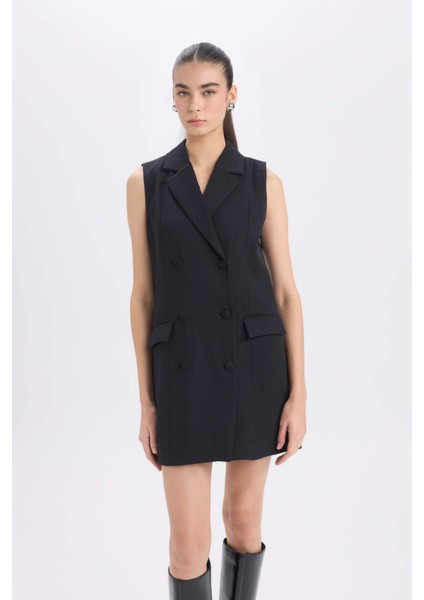 A Kesim Kruvaze Yaka Düğmeli Basic Düz Kolsuz Midi Siyah Blazer Elbise D4186AX24AU fırsatları