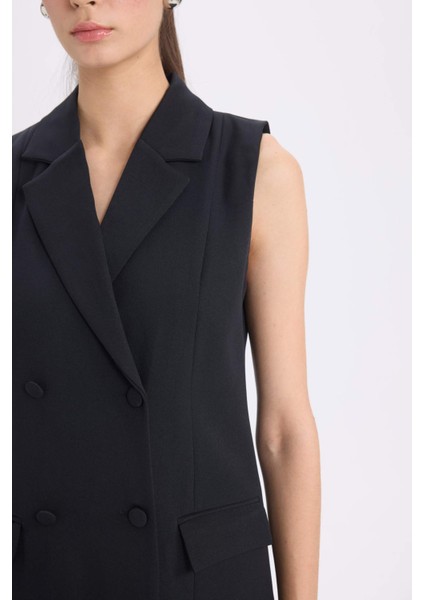 A Kesim Kruvaze Yaka Düğmeli Basic Düz Kolsuz Midi Siyah Blazer Elbise D4186AX24AU indirimleri