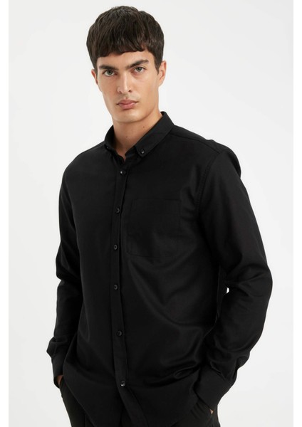 %100 Pamuk Regular Fit Polo Yaka Oxford Basic Düz Uzun Kollu Siyah Gömlek A8028AX24AU