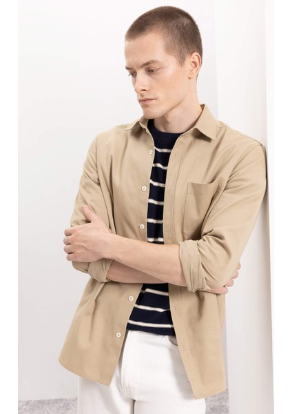 %100 Pamuk Regular Fit Düğmeli Basic Düz Gabardin Uzun Kollu Gömlek A5383AX24AU