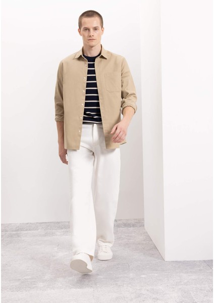 %100 Pamuk Regular Fit Düğmeli Basic Düz Gabardin Uzun Kollu Gömlek A5383AX24AU
